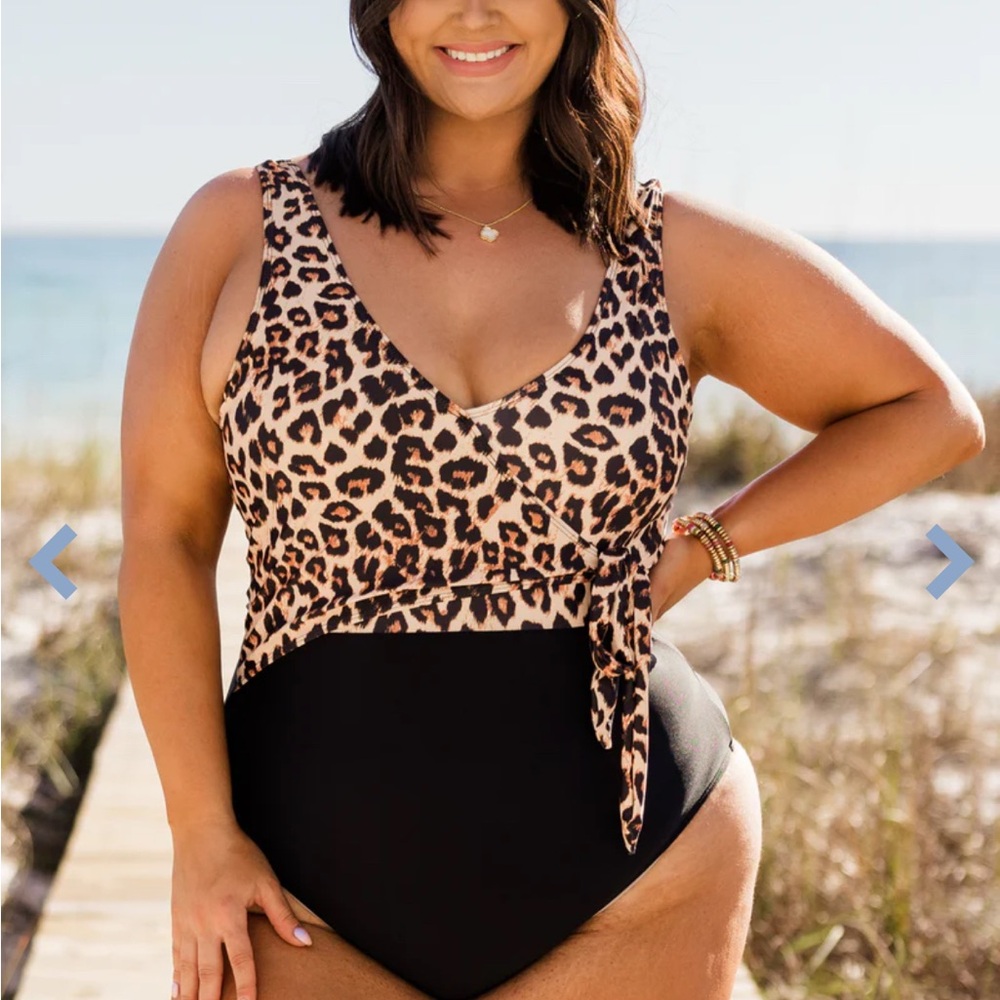 Leopard Print and Black One Piece Swimsuit